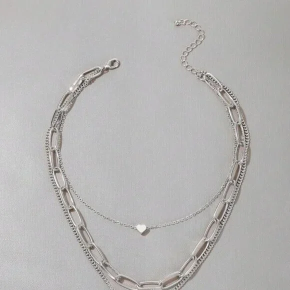 Sterling Silver 3-Layer Chain Necklace | Heart & Lock Pendant - Picture 4 of 4
